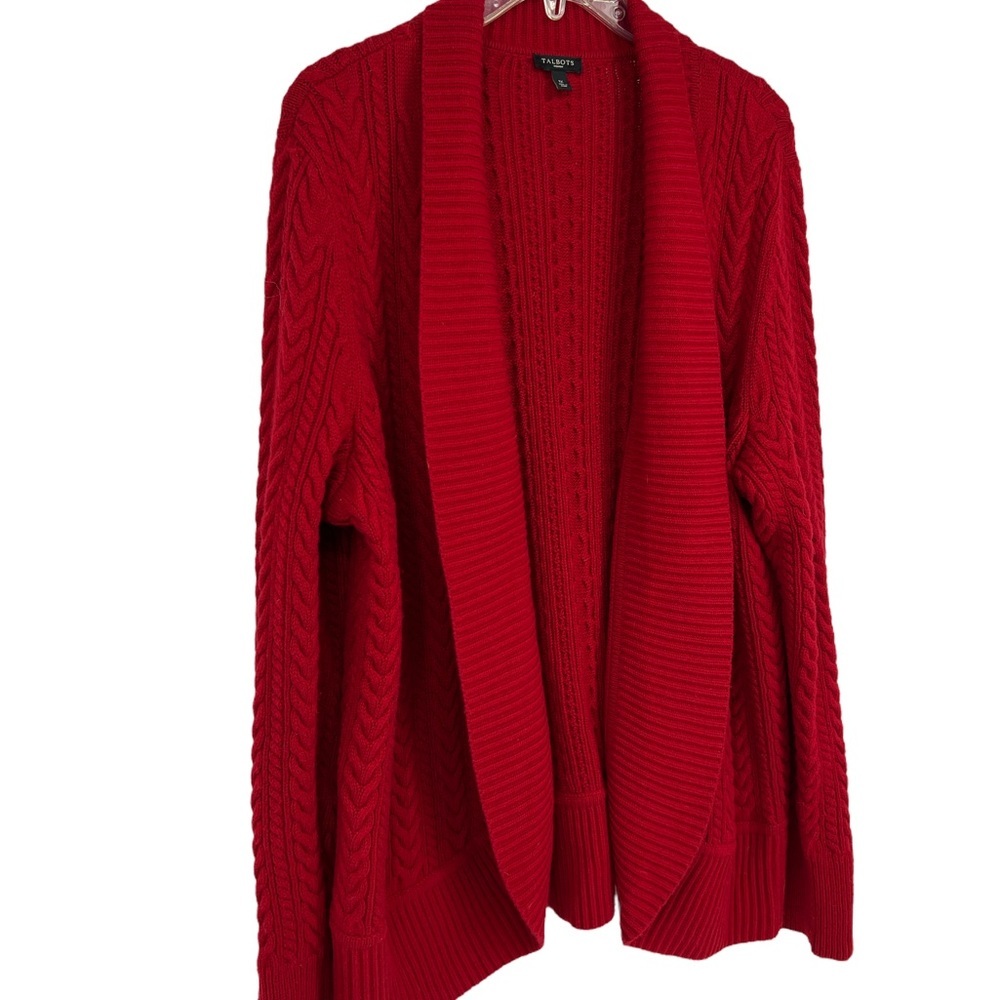 TALBOTS Cable knit Red open face SZ 1X Lambs wool blend fisherman cardigan